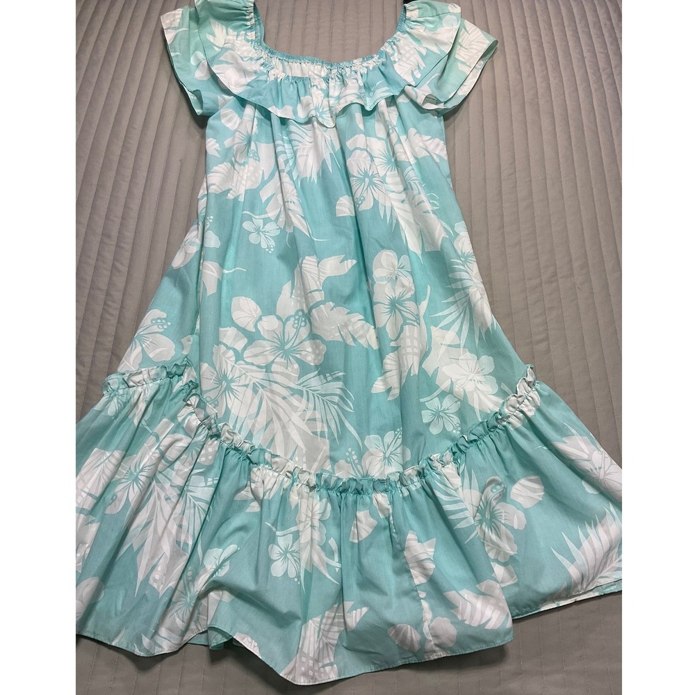 VTG 80/90s Kole Kole Hawaiian Aloha Muu Muu Ruffle Dress Aqua Monstera Women's S - Picture 2 of 16
